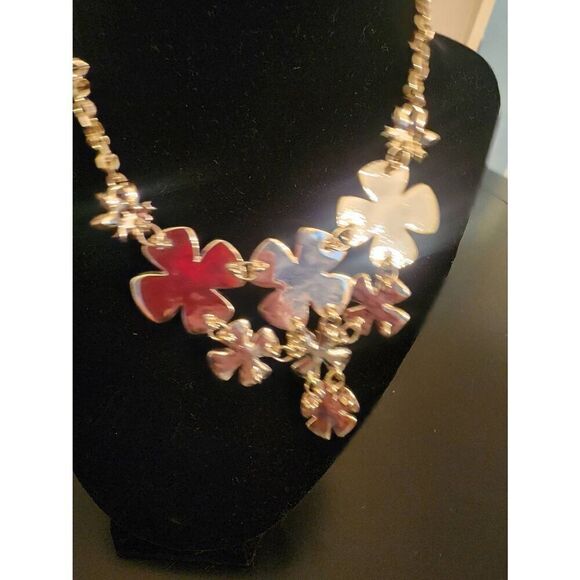 The limited NWT statement floral necklace blue and tangerine  gold tone - Picture 4 of 6